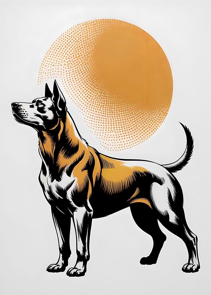 Dog Illustration with Golden Sun