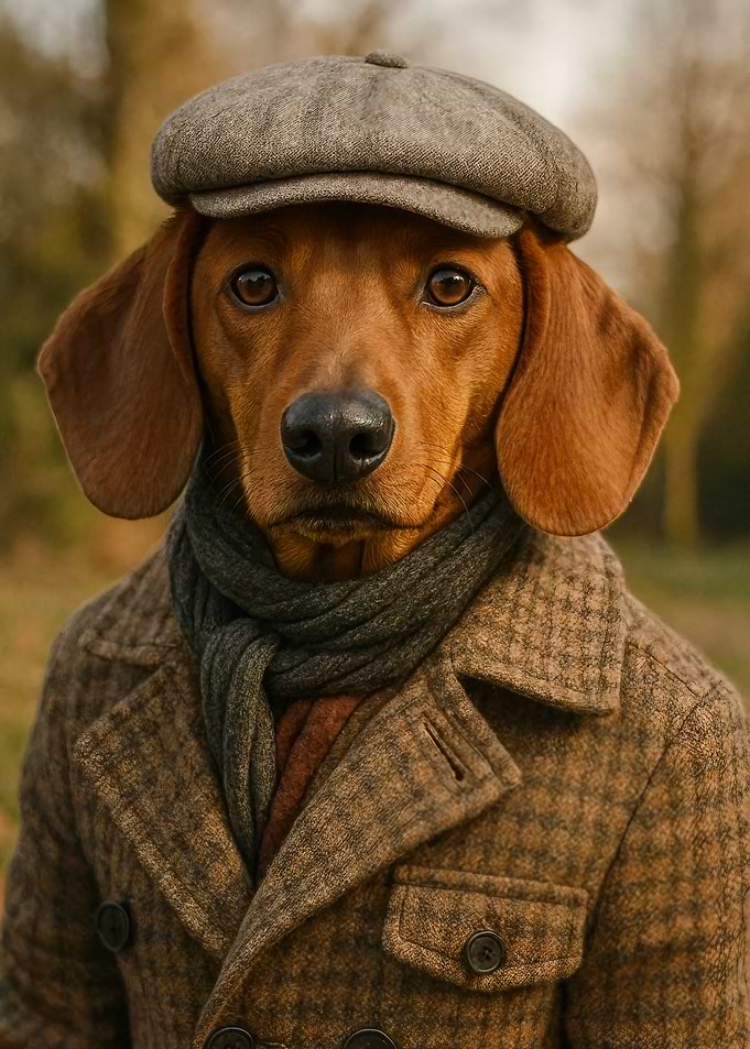 Dachshund in Tweed Coat and Cap