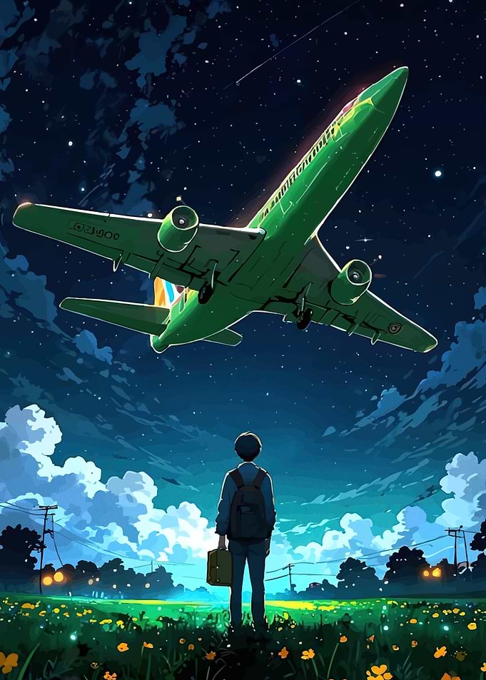 Boy watching green airplane fly