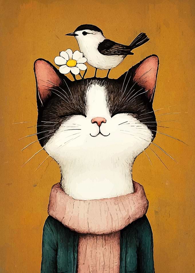 Cat with Bird and Flower