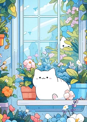 Cute Cat with Flowers by Window