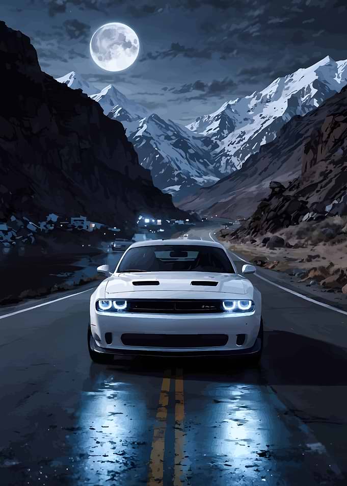 White Car on Mountain Road at Night
