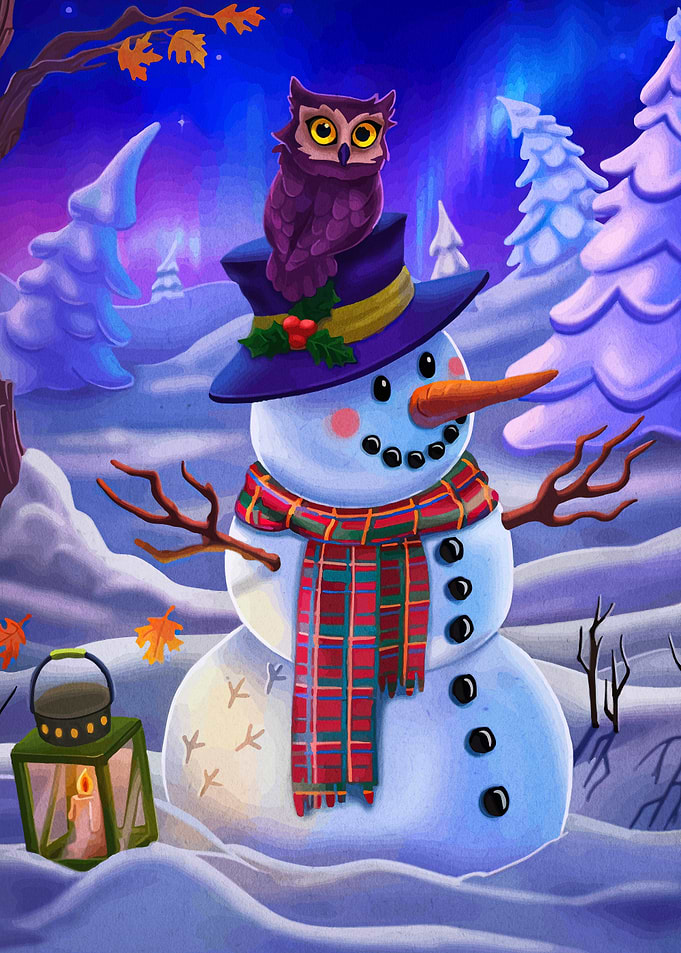 Snowman with Owl in Winter Landscape