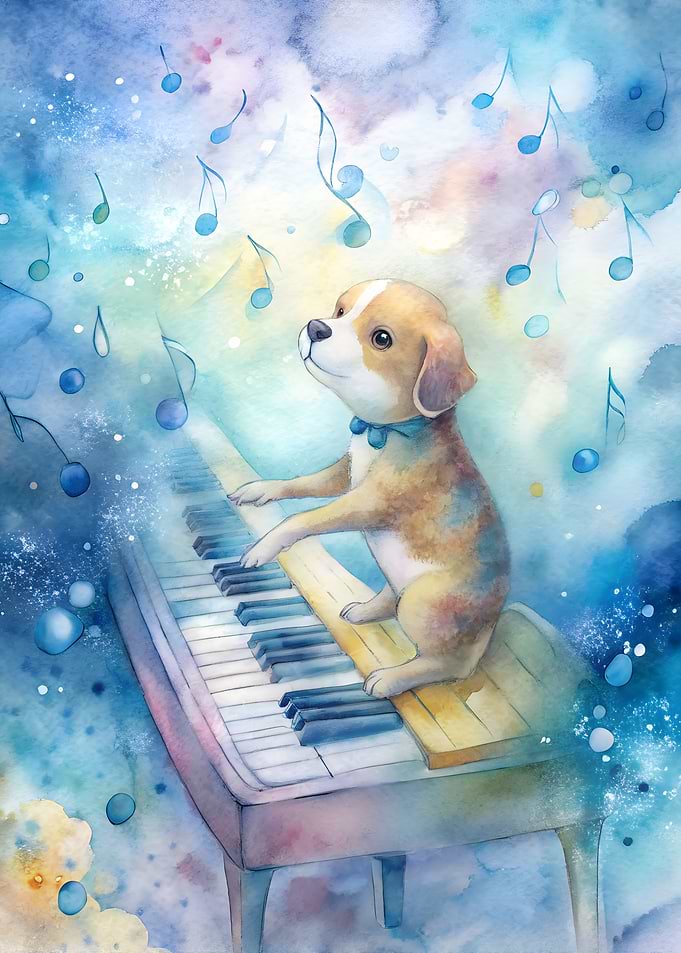 Dog playing piano watercolor painting
