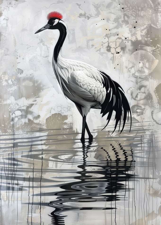 Red-crowned Crane in Water Painting