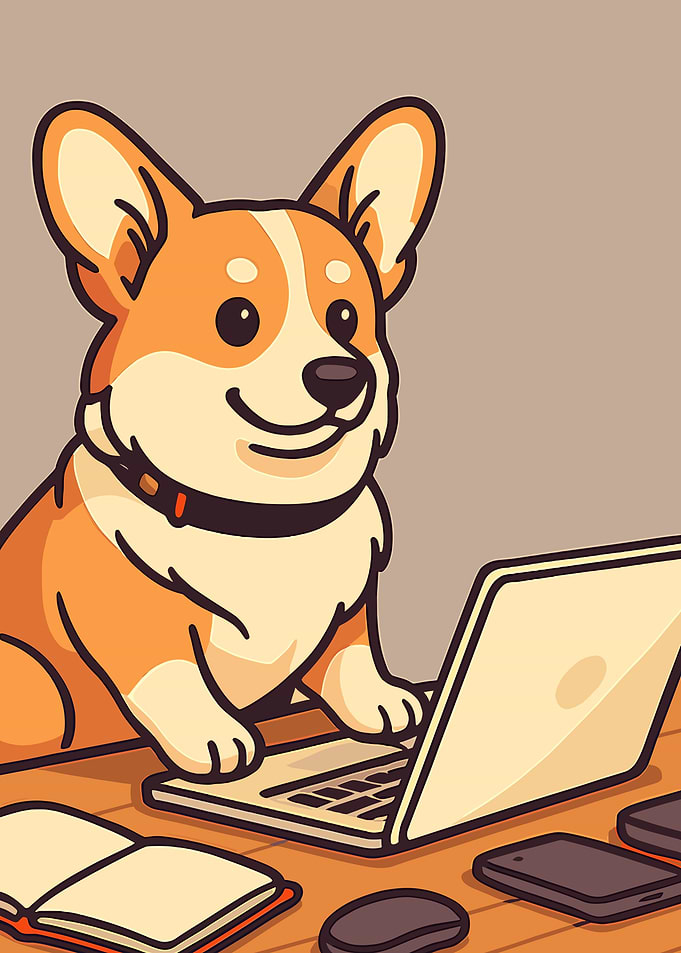 Corgi working on a laptop