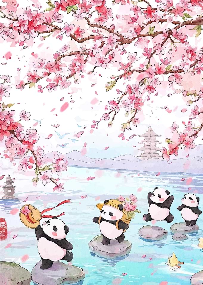 Pandas under Cherry Blossoms