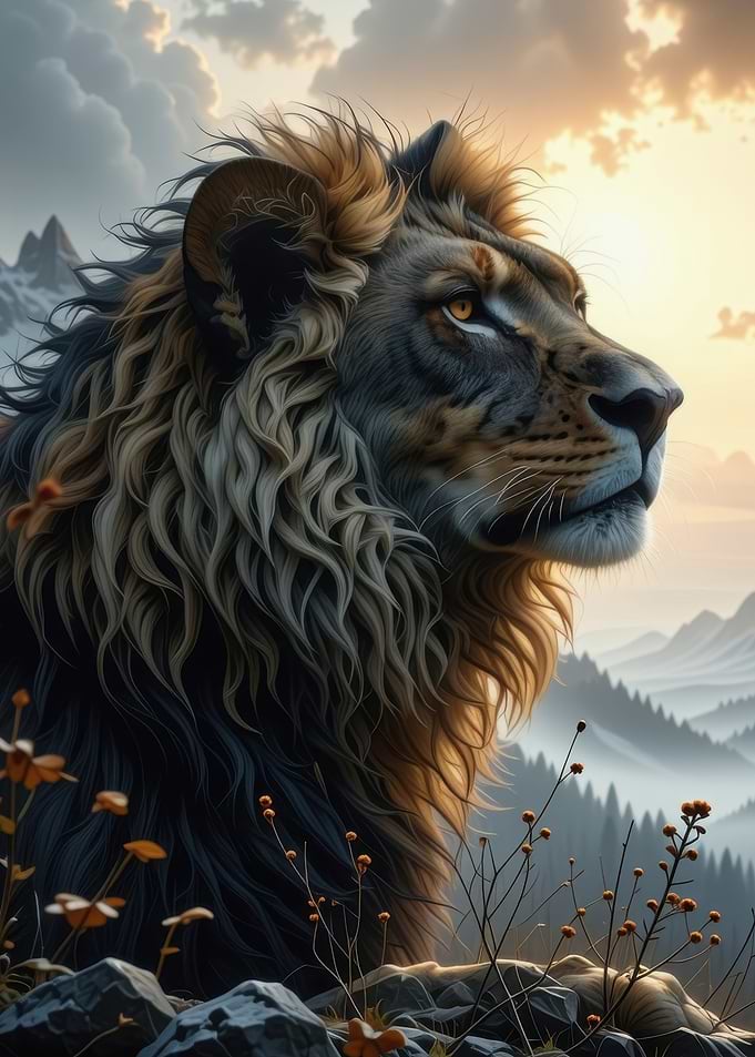 Lion in Mountain Landscape