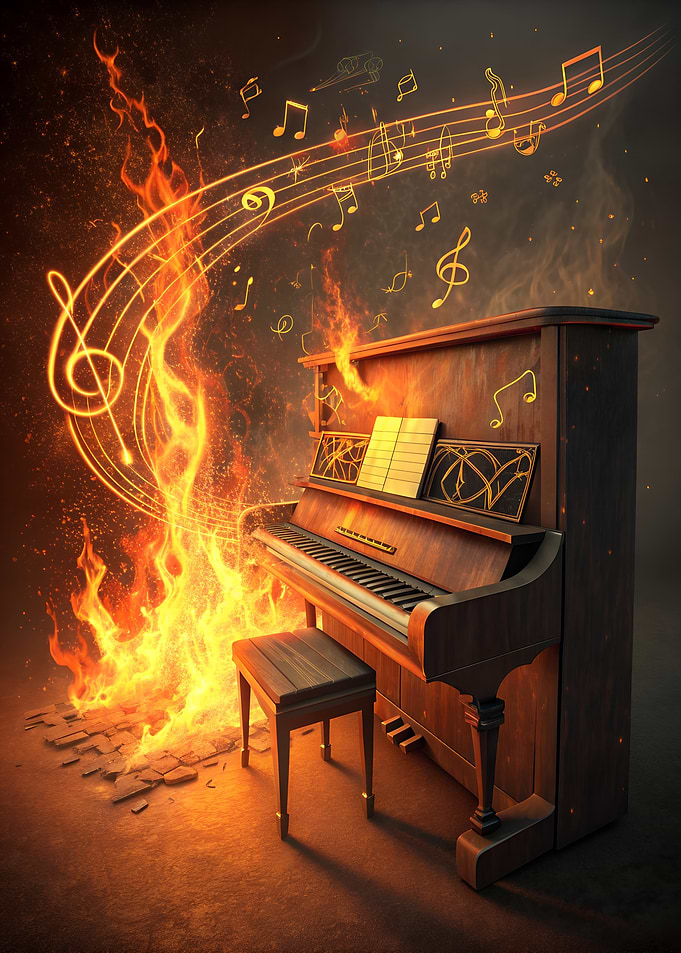 Burning Piano with Musical Notes