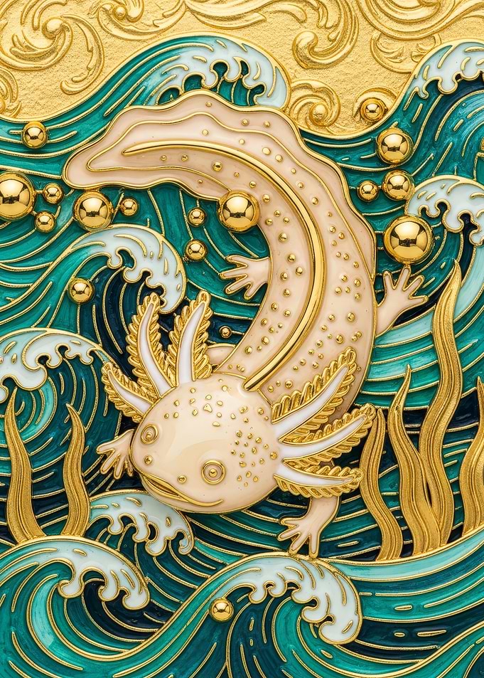 Axolotl in Golden Ocean Waves