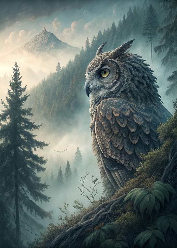Owl in Misty Forest Landscape