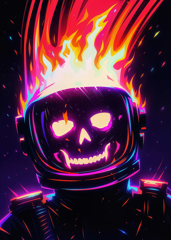 Flaming Neon Astronaut Skull