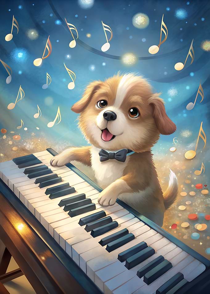 Puppy playing piano with musical notes