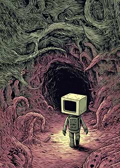 TV Head Astronaut in Alien Cave