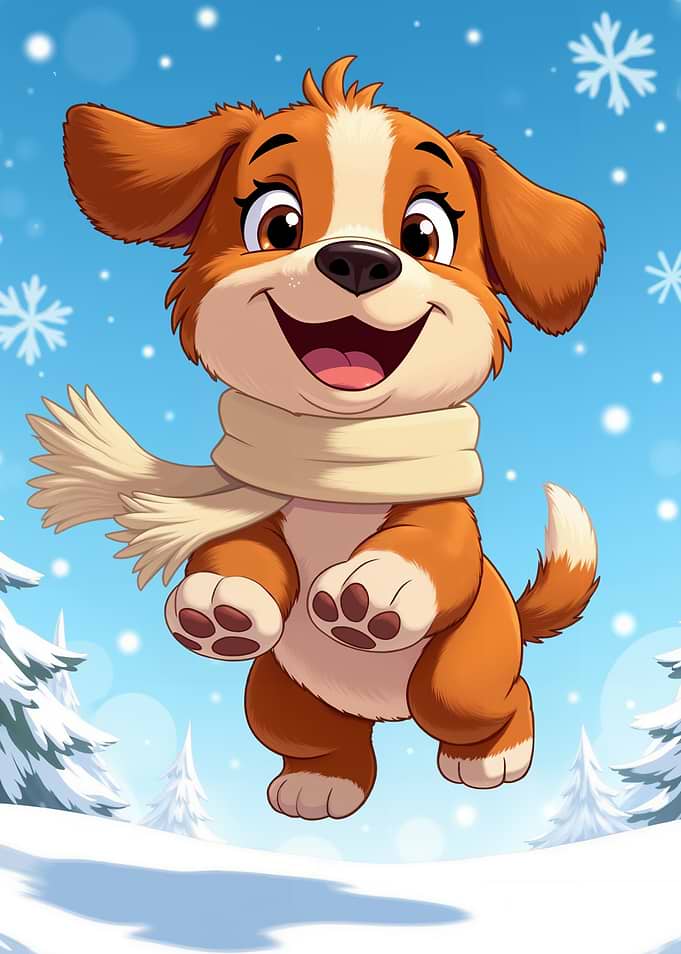 Happy Puppy Jumping in the Snow in Winter Wonderland