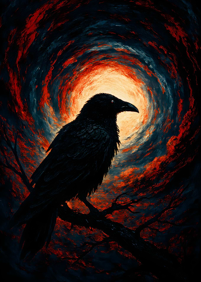 Raven Perched Against Swirling Sky Eclipse