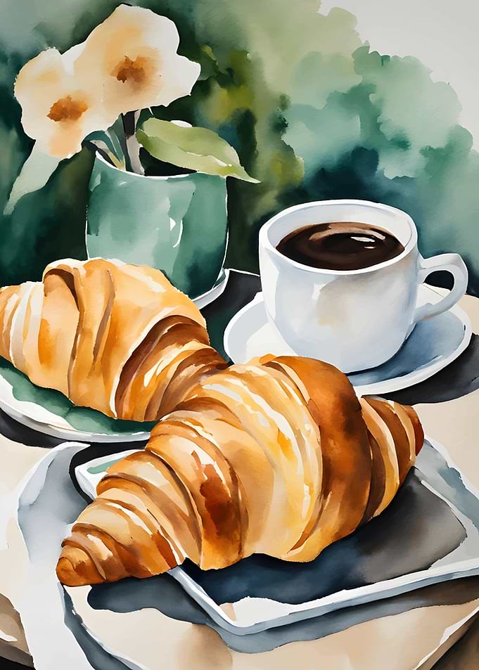 Watercolor Croissants and Coffee Still Life