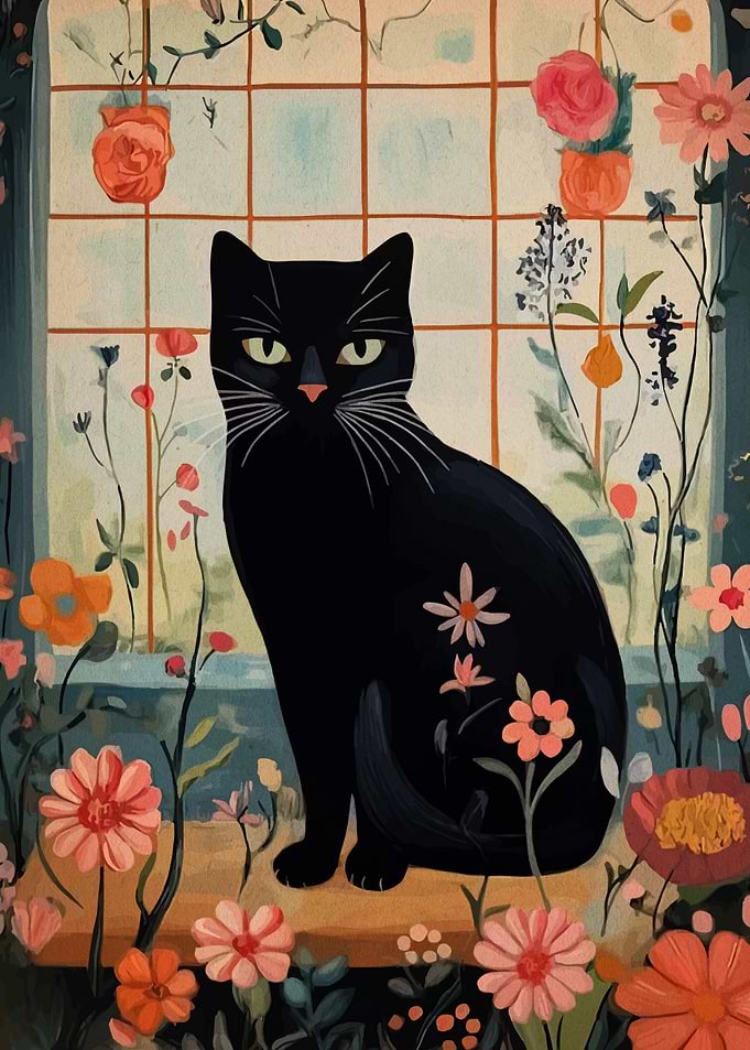 Black Cat in Floral Window Painting