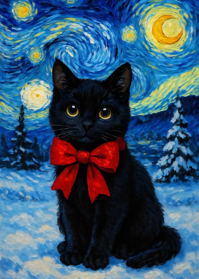 Starry Night Black Cat Painting