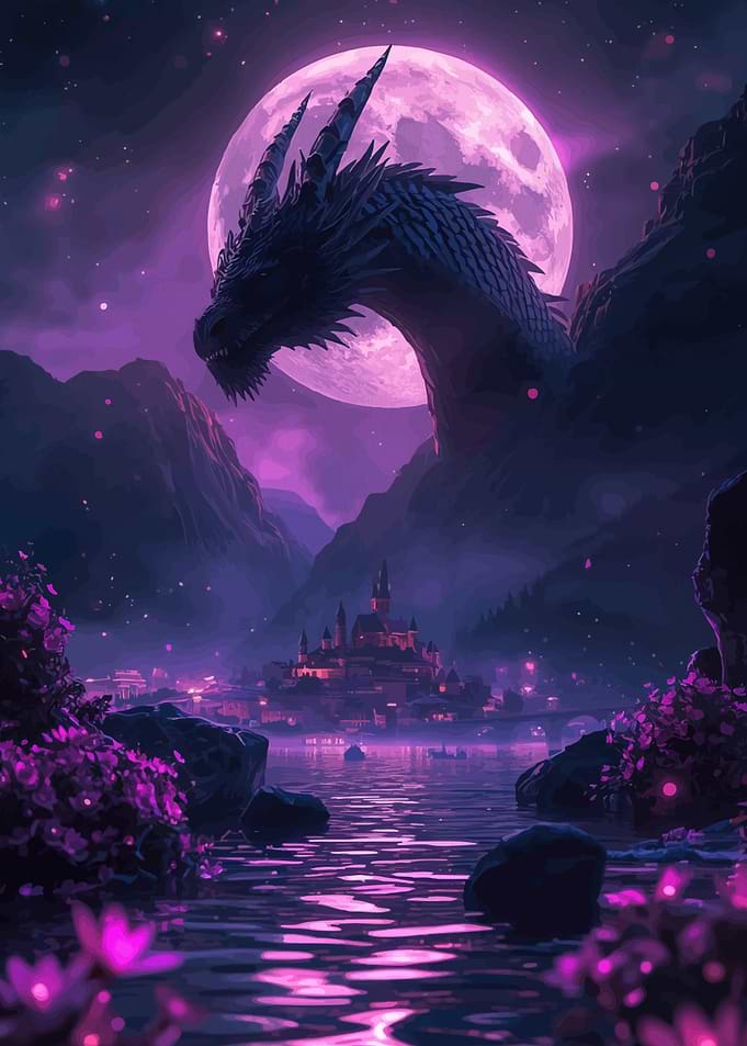 Dragon over castle night