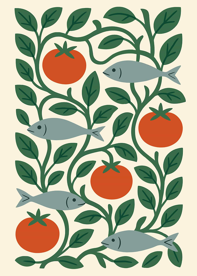 Tomatoes, Fish, and Vines Pattern