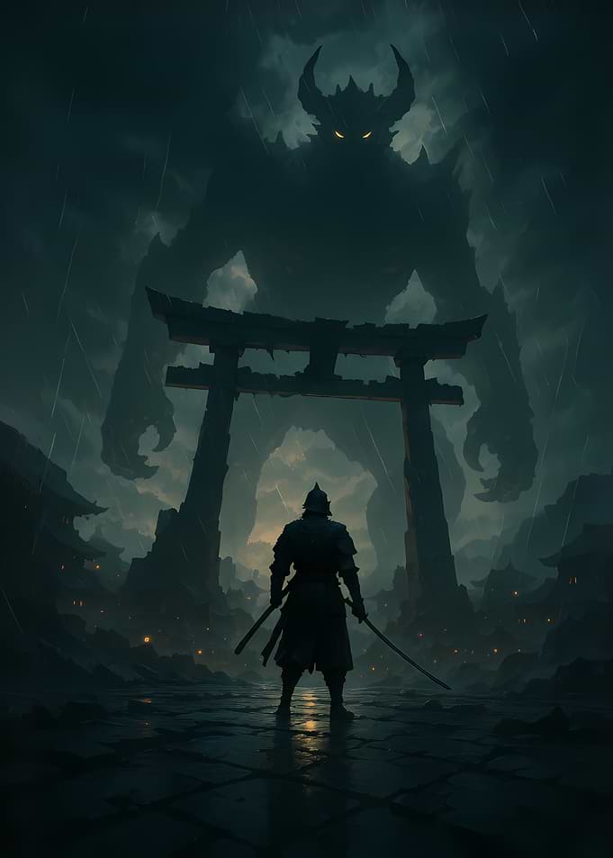 Samurai vs. Giant Demon in Rain