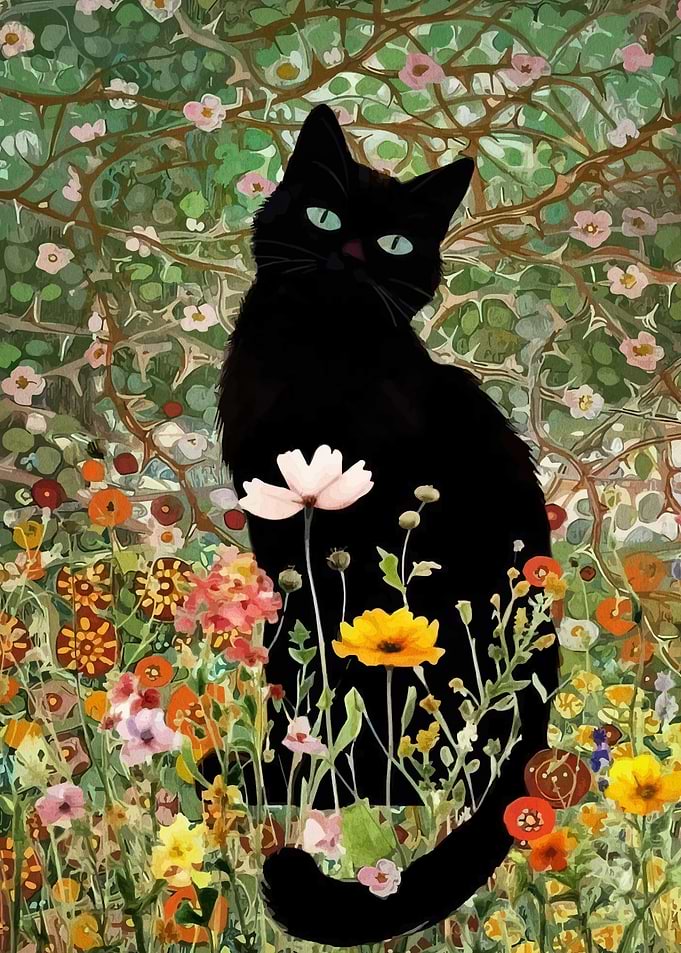 Black Cat in Floral Garden