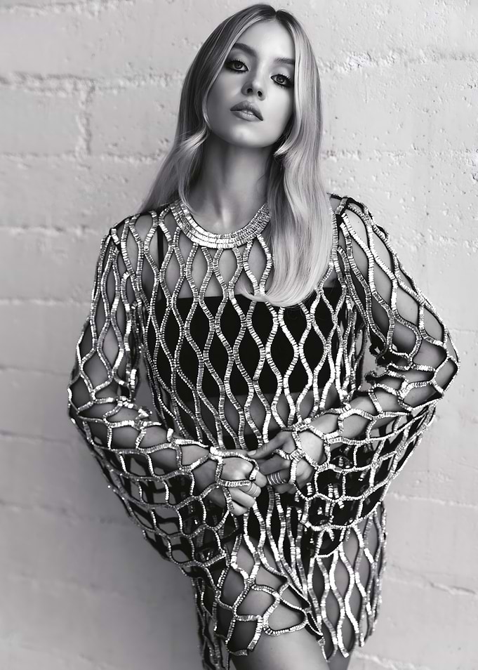 Sydney Sweeney in Silver Mesh Dress
