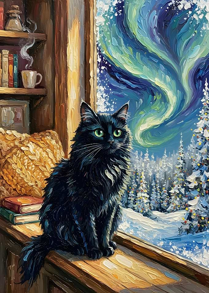 Black Cat by Window with Aurora
