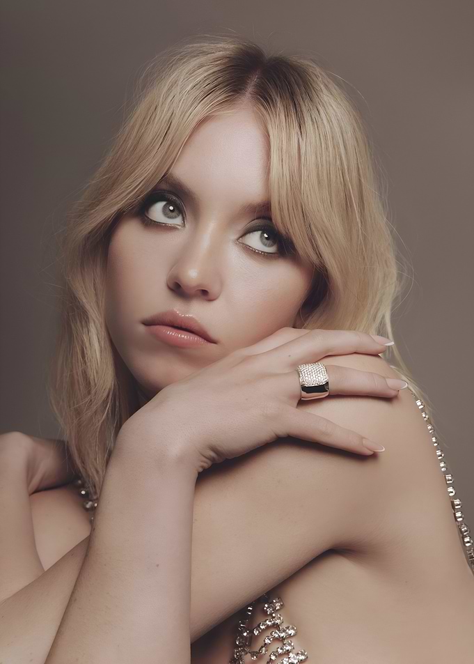 Sydney Sweeney portrait with jewelry