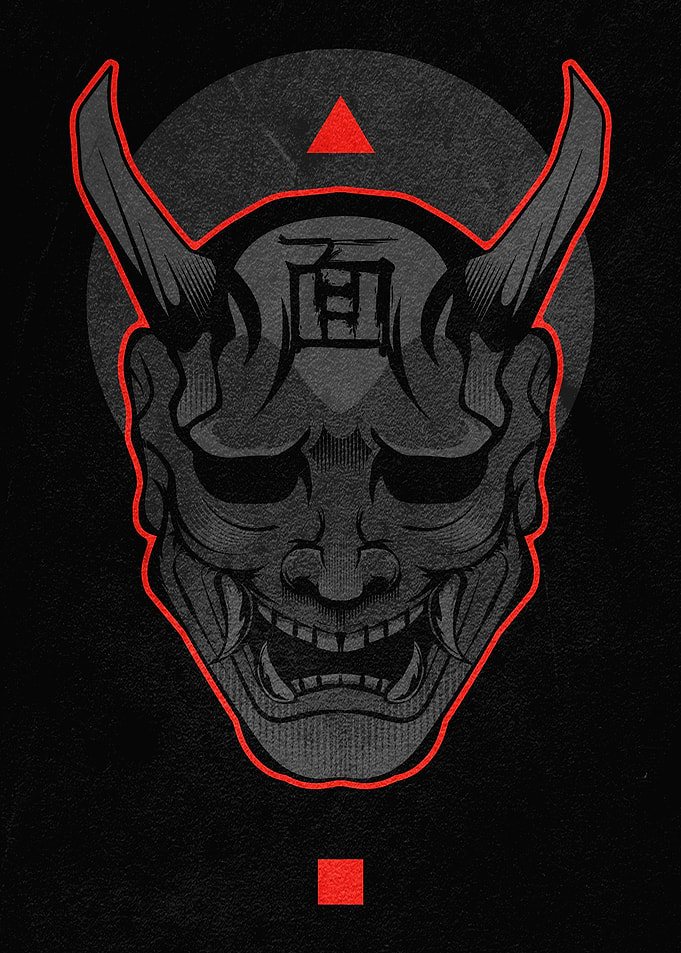 Hannya Mask Illustration with Red Accents