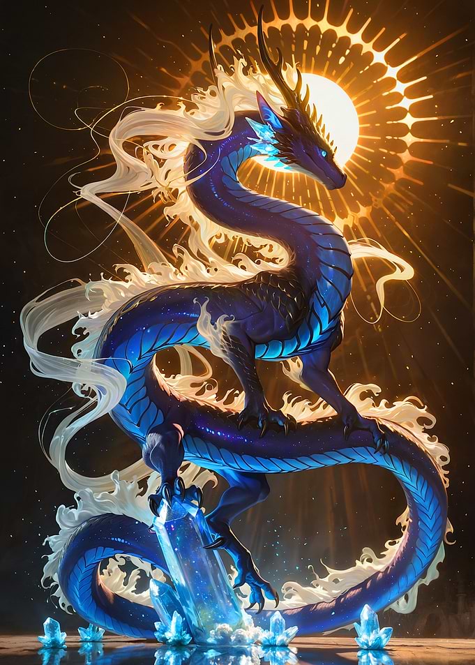 Blue Dragon with Crystals and Sun