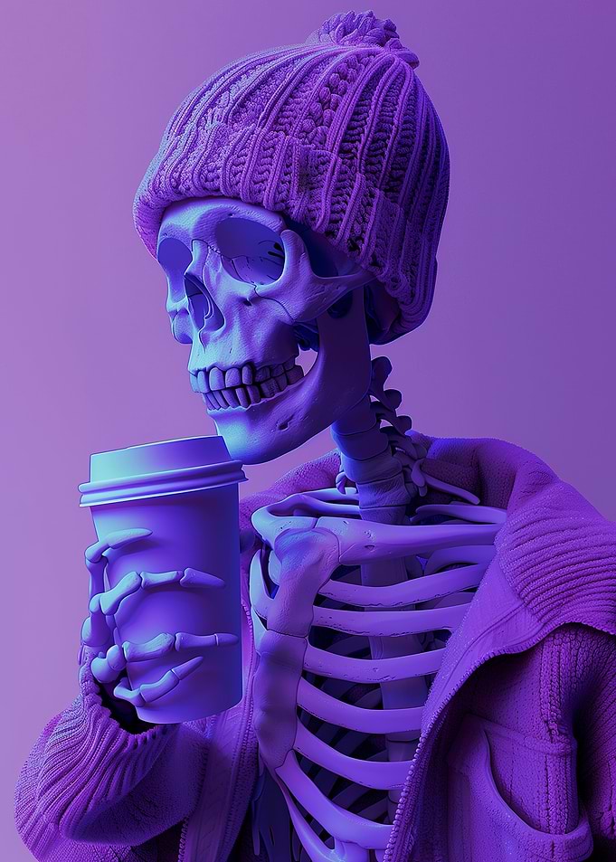 Skeleton with Beanie and Coffee Cup