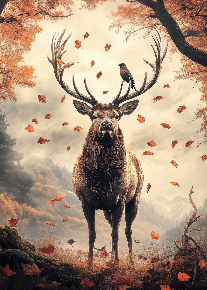 Majestic Deer with Bird in Autumn