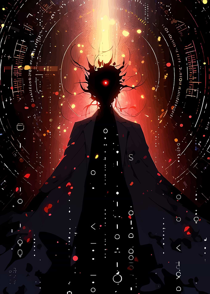 Silhouette Figure with Red Eye and Coat