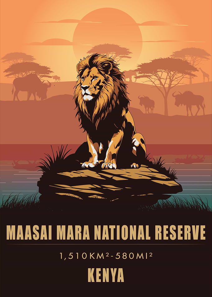 Vintage Maasai Mara National Reserve Poster, Kenya Safari, Lion Print