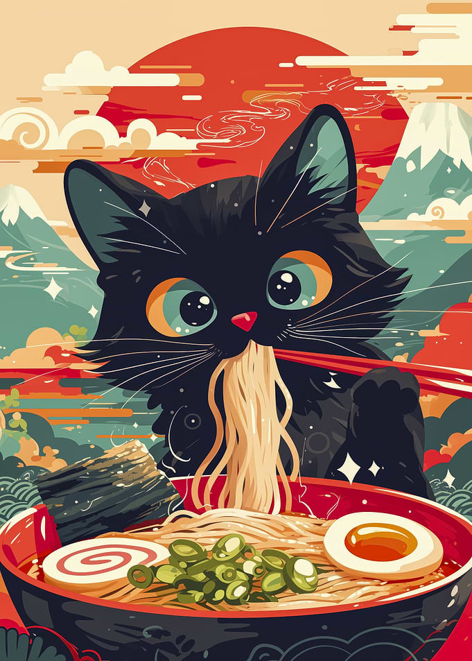 Black Cat Eating Ramen