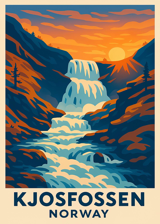 Kjosfossen Waterfall, Norway Travel Poster