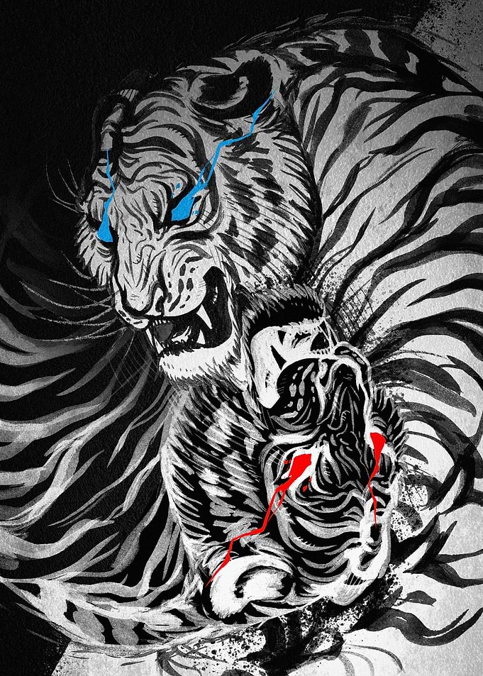 Tiger Illustration with Blue and Red Accents