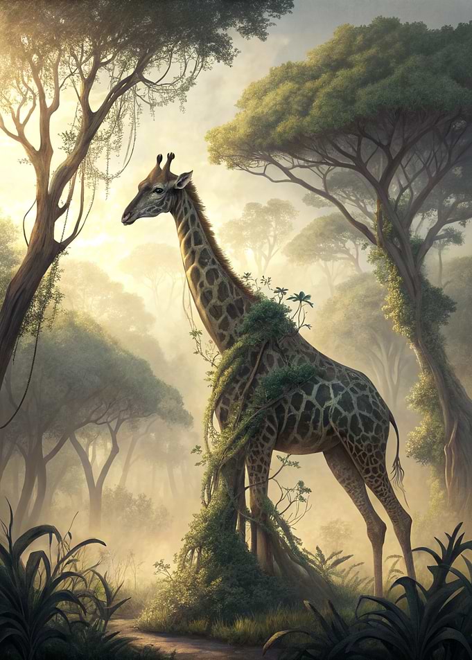 Giraffe in a misty forest