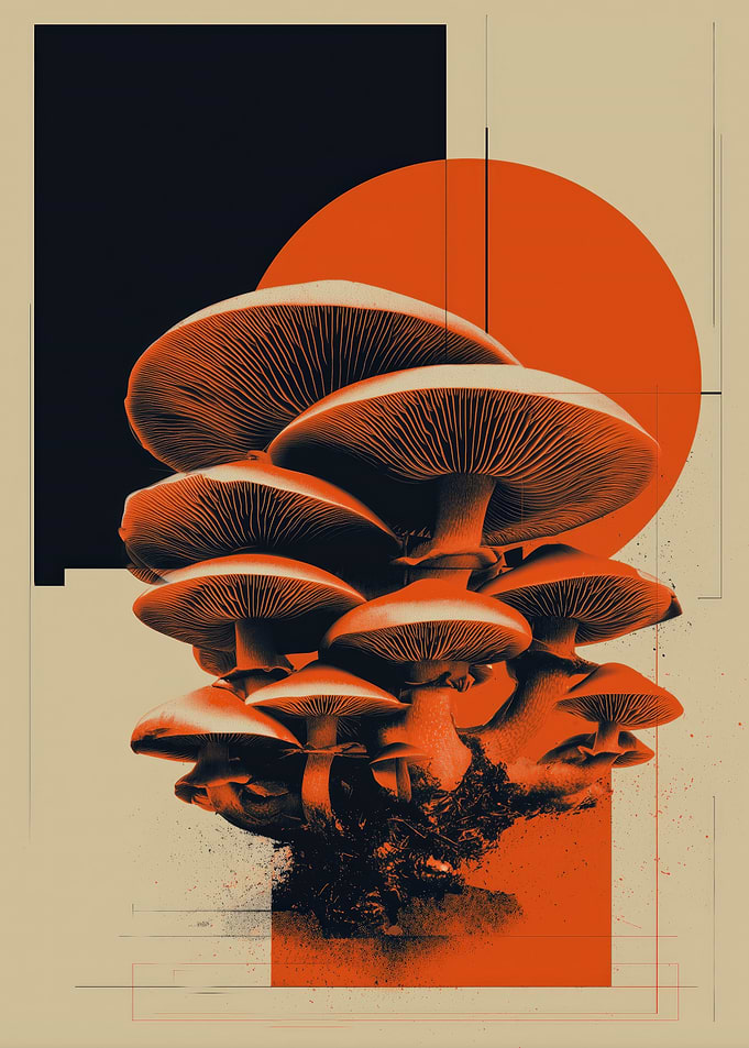 Mushroom Cluster with Geometric Background