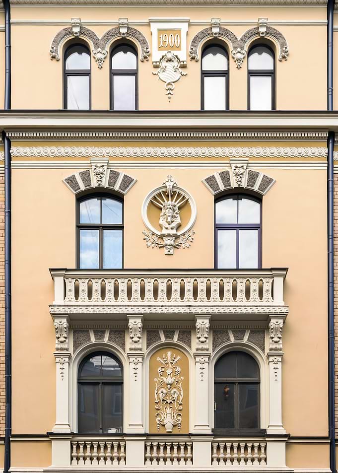 Art Nouveau Building Facade Detail. Vīlandes street 5, Riga, Latvia.