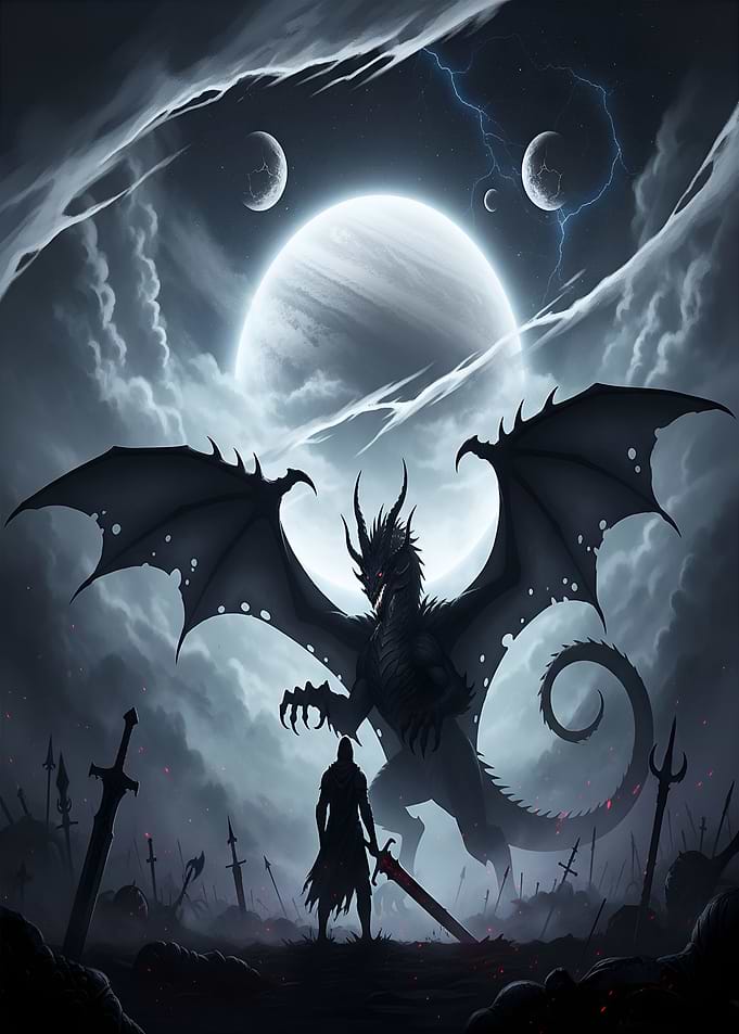 Dragon and Warrior Fantasy Battle Scene