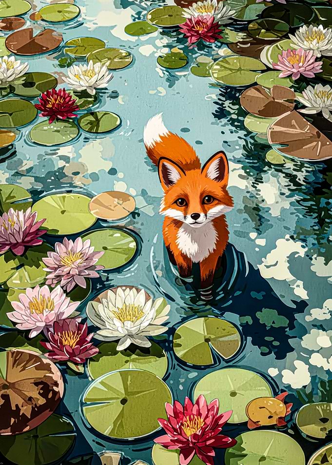 Fox in Lily Pond Illustration