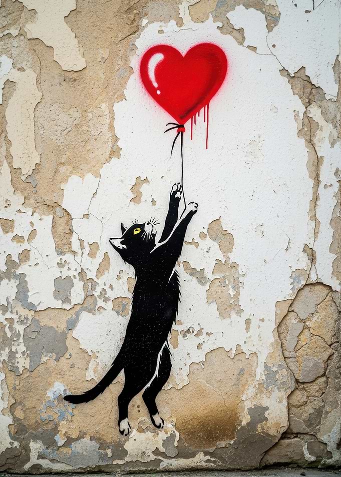 Black Cat with Red Heart Balloon