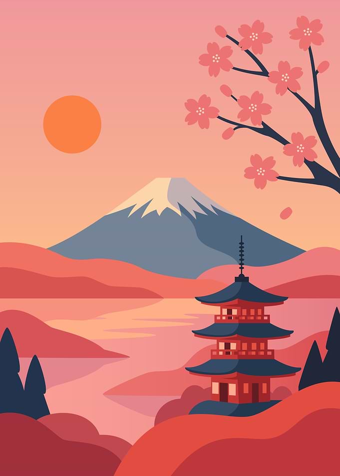 Japanese Landscape with Pagoda and Mountain