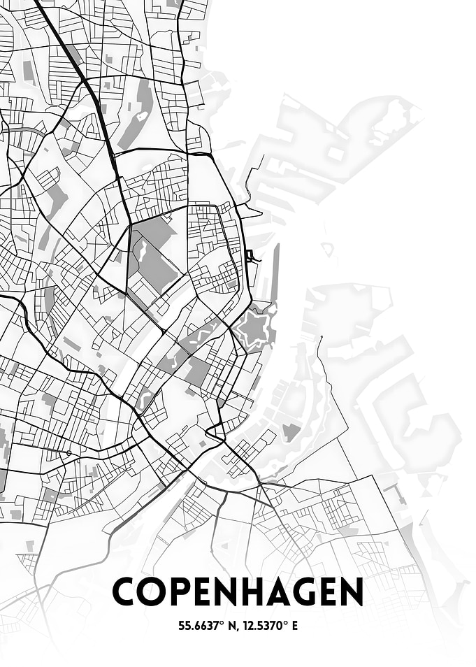 Copenhagen City Map - Black and White