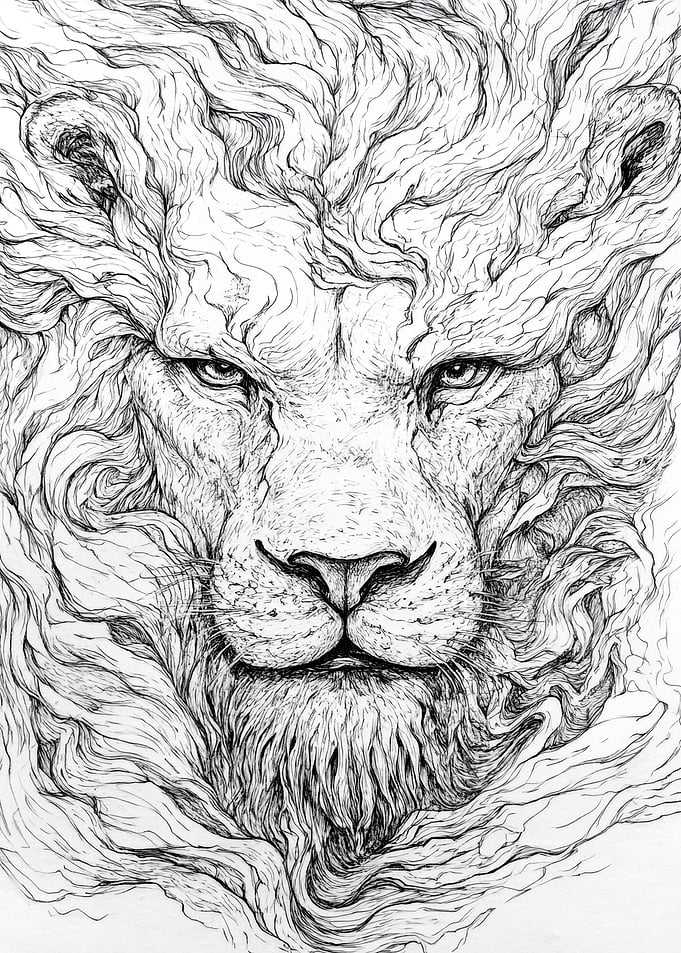 Lion head detailed ink drawing
