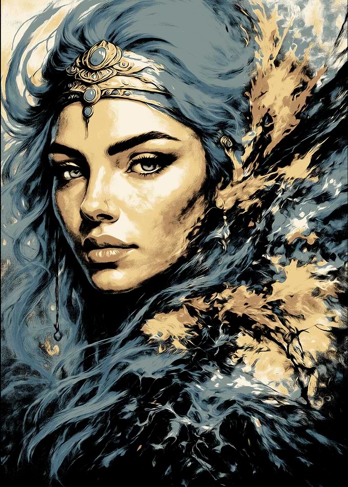 Blue-haired Woman Portrait with Gold Accents