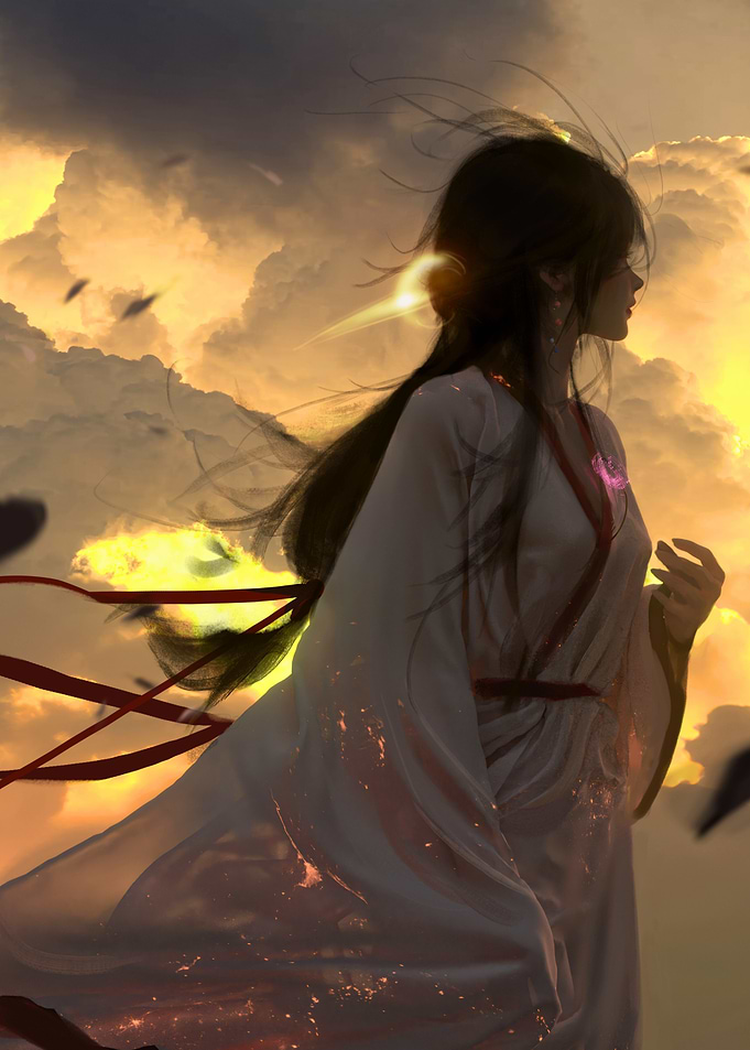 Woman in Kimono Against Golden Sky